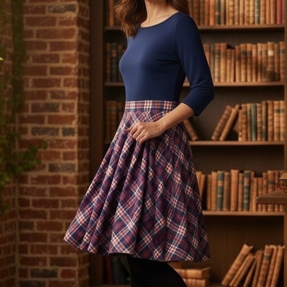 Missmy Dresses & Skirts - Missmy Navy Blue Plaid Fit and Flare Dress 3/4 Sleeve Pleated Skirt Size Large